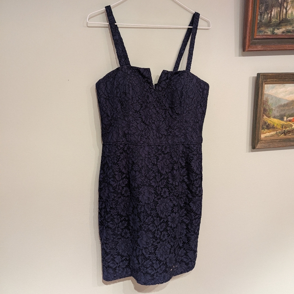 Donna Morgan Collection 10 Sleeveless Lace Cocktail Dress Navy Blue Notch V 158